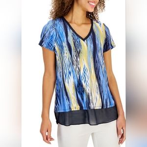 JM Collection Abstract Printed Sheer Hem Top